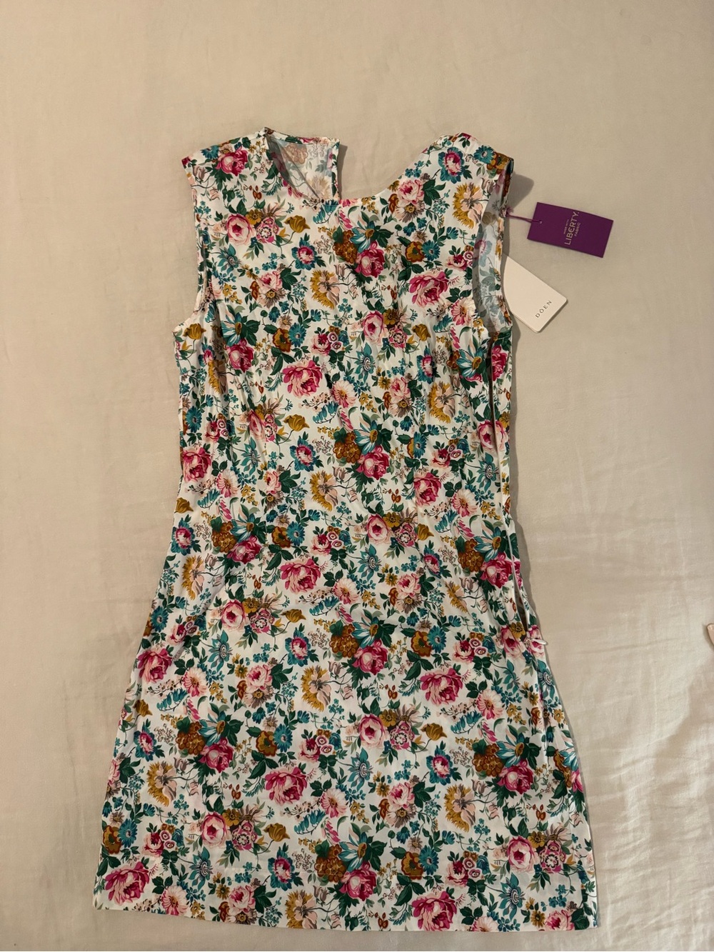 Doen White Floral Mini Dress with Pink & Green Blossoms